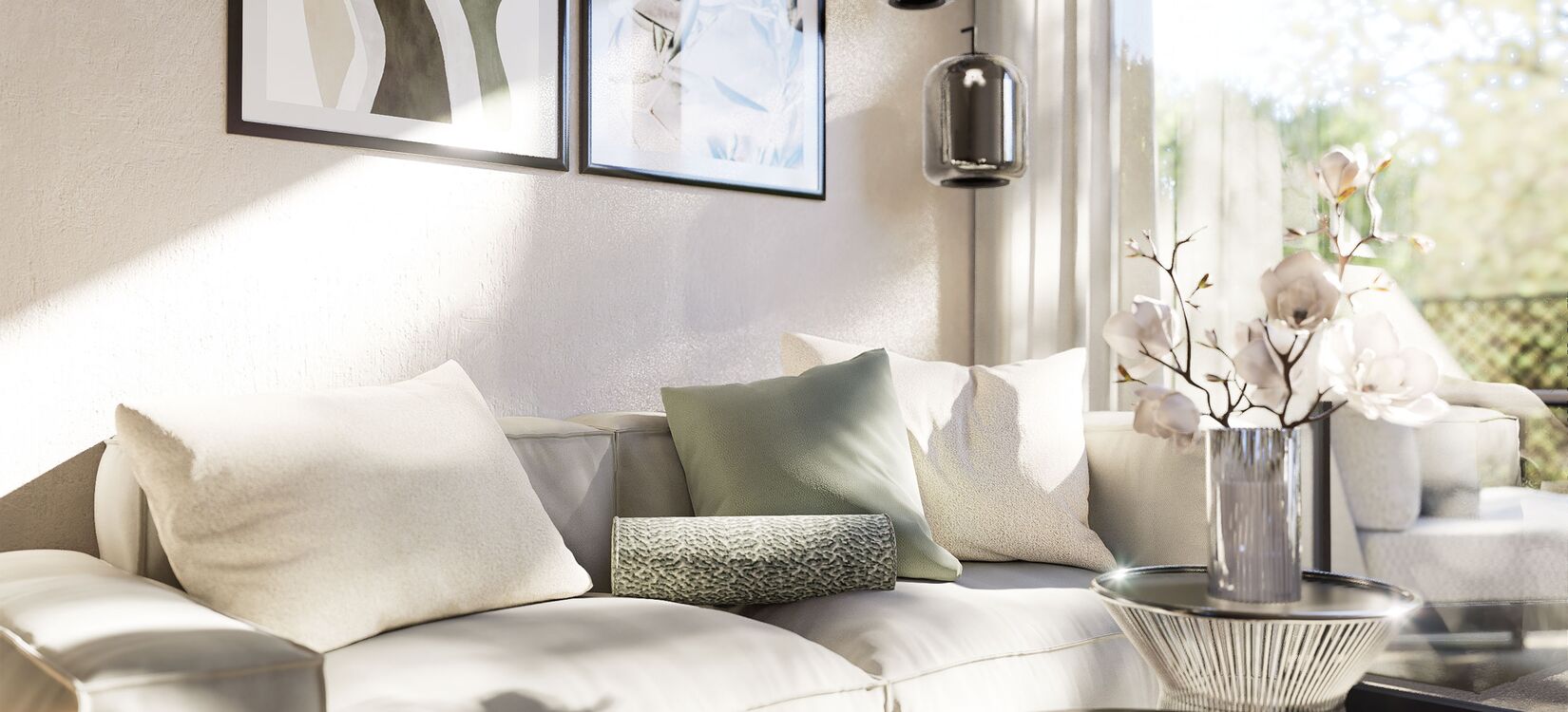 Elegante Raumgestaltung mit modernem Hoteldesign und harmonischem Gästeerlebnis in einem lichtdurchfluteten Wohnzimmer.