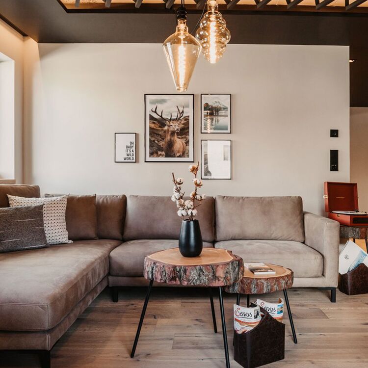 Moderne Innenarchitektur eines Wohnraums mit gemütlichem Sofa und stilvollen Akzenten für ein einzigartiges Gästeerlebnis.