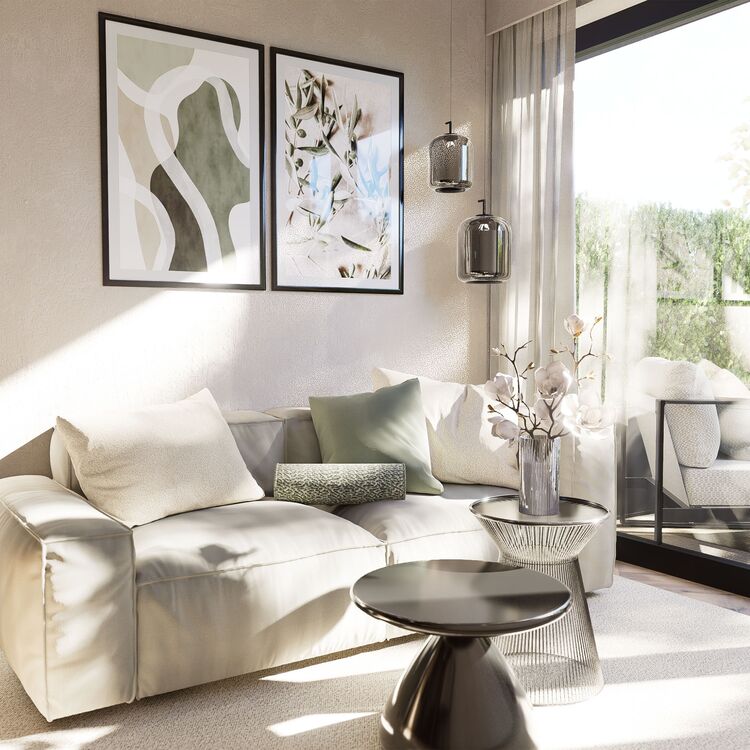 Moderne Innenarchitektur zeigt gemütliches Hotelzimmer mit eleganter Raumgestaltung und natürlichem Licht.