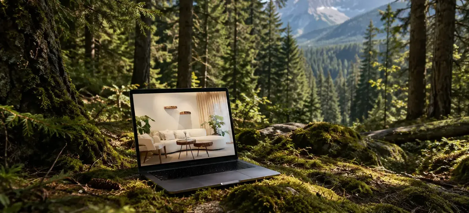 Ein Laptop präsentiert modernes Hoteldesign, umgeben von alpiner Architektur und einer malerischen Waldlandschaft.