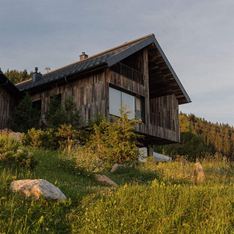 Moderne alpine Architektur mit Holzfassade, umgeben von Wiesen und Bäumen, für ein einzigartiges Gästeerlebnis.