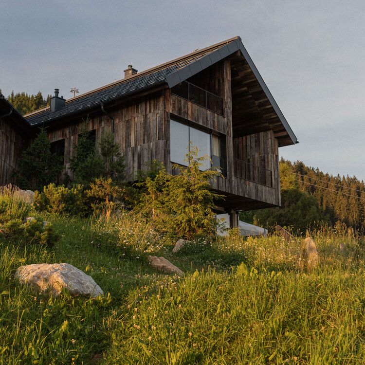 Ein modernes Hotel mit alpiner Architektur steht umgeben von grüner Wiese und Felsen in malerischer Landschaft.