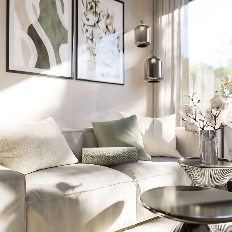 Elegante Innenarchitektur mit gemütlicher Sofagestaltung und modernen Kunstwerken für ein Hotelambiente.